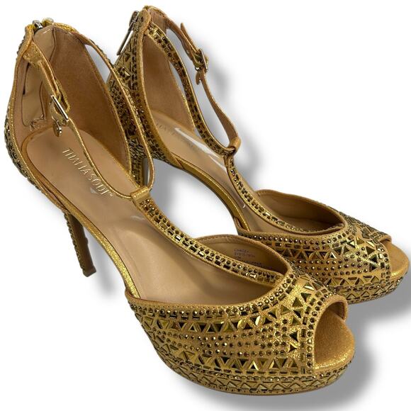 NEW Thalia Sodi Chacey Embellished T-Strap Platform Pumps Gold Size 11 Studded - Picture 5 of 12